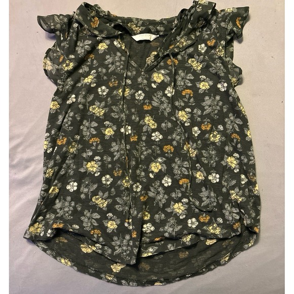 Lucky Brand‎ Dark Green Floral Print Flutter Sleeve Blouse w/ Tie, Small - Picture 1 of 4